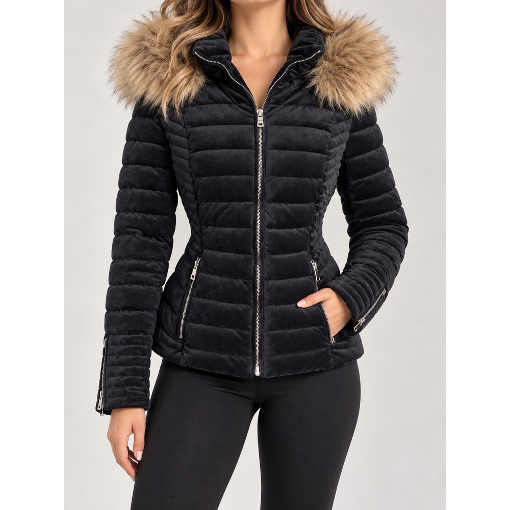 Fashion Nova Always Ready Black Velvet Puffer Jacket Faux Fur Hood Womens M NWT